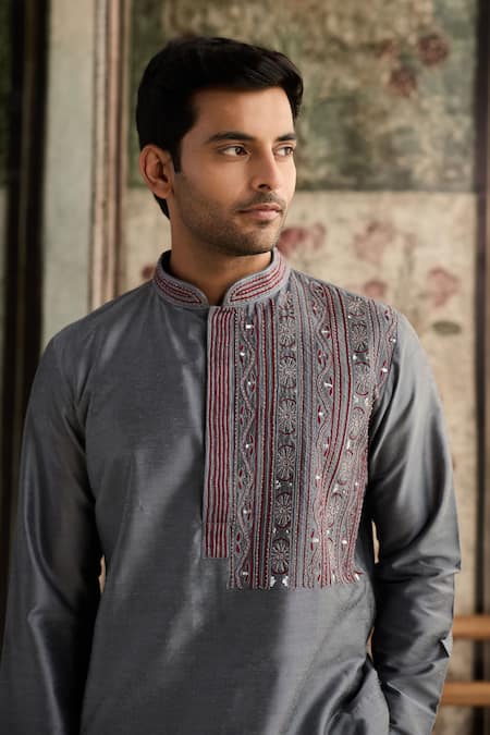 Diyarajvvir_Gray Cotton, Silk Embroidery Kurta With Pant _Online_at_Aza_Fashions