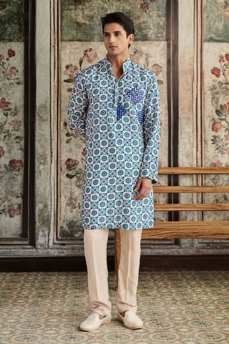 Diyarajvvir Blue Silk Embroidery Printed Kurta With Pant 