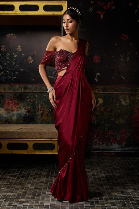 Diyarajvvir Maroon Tulle, Satin Embroidery, Pre-draped Sharara Saree With Embellished Blouse 