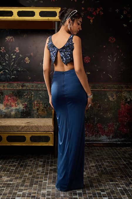 Shop Diyarajvvir Blue Tulle, Shantoon Sequins, Cut Work Embellished Blouse And Dhoti Skirt Set at Aza Fashions Shop_Diyarajvvir_Blue Tulle, Shantoon Sequins, Cut Work Embellished Blouse And Dhoti Skirt Set _at_Aza_Fashions