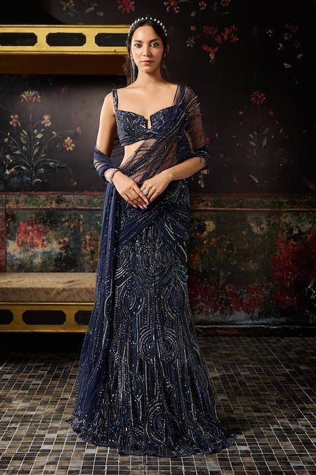 Diyarajvvir Blue Tulle, Satin, Lycra, Pre-draped Mermaid Saree And Embellished Blouse Set 