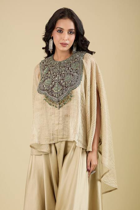 Buy_Prisho_Beige Embroidery Round Neck Floral Kaftan Set _Online_at_Aza_Fashions