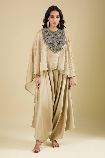 Shop_Prisho_Beige Embroidery Round Neck Floral Kaftan Set _Online_at_Aza_Fashions