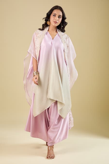 Prisho Pink Embroidery Open Neck, Cape Pant Set Online at Aza Fashions Prisho_Pink Embroidery Open Neck, Cape Pant Set _Online_at_Aza_Fashions