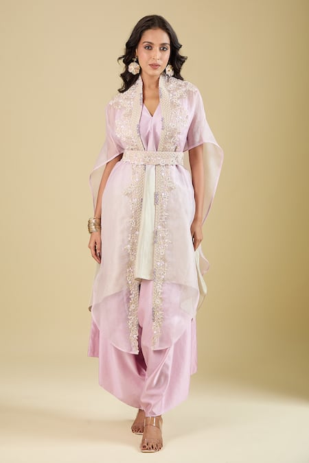 Buy Prisho Pink Embroidery Open Neck, Cape Pant Set Online at Aza Fashions Buy_Prisho_Pink Embroidery Open Neck, Cape Pant Set _Online_at_Aza_Fashions