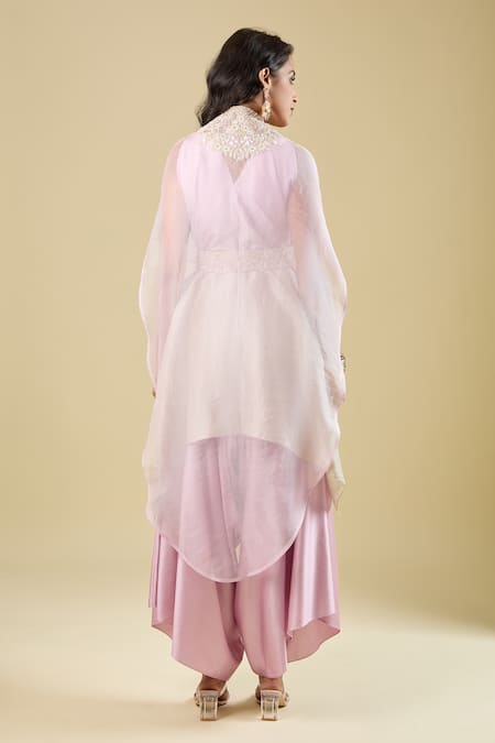 Shop Prisho Pink Embroidery Open Neck, Cape Pant Set at Aza Fashions Shop_Prisho_Pink Embroidery Open Neck, Cape Pant Set _at_Aza_Fashions
