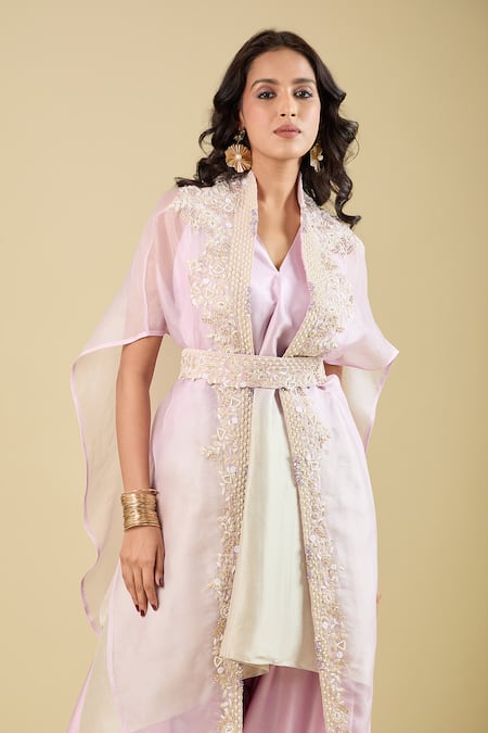 Prisho Pink Embroidery Open Neck, Cape Pant Set at Aza Fashions Prisho_Pink Embroidery Open Neck, Cape Pant Set _at_Aza_Fashions