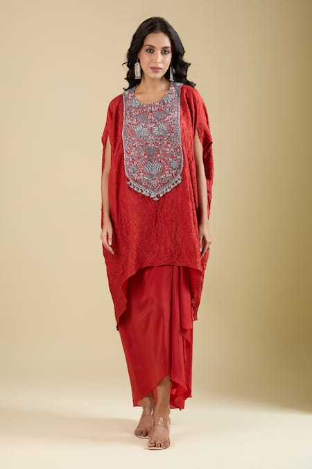 Prisho_Orange Embroidery Round Neck Yoke Kaftan With Skirt _Online_at_Aza_Fashions