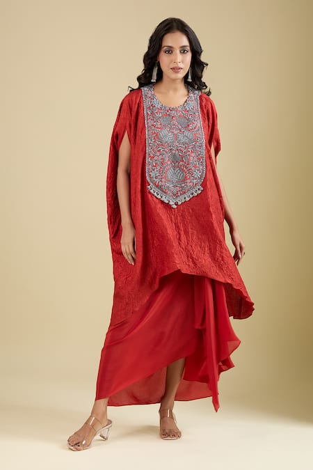 Prisho Orange Embroidery Round Neck Yoke Kaftan With Skirt 
