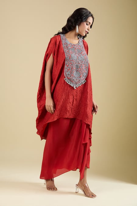 Buy_Prisho_Orange Embroidery Round Neck Yoke Kaftan With Skirt _Online_at_Aza_Fashions