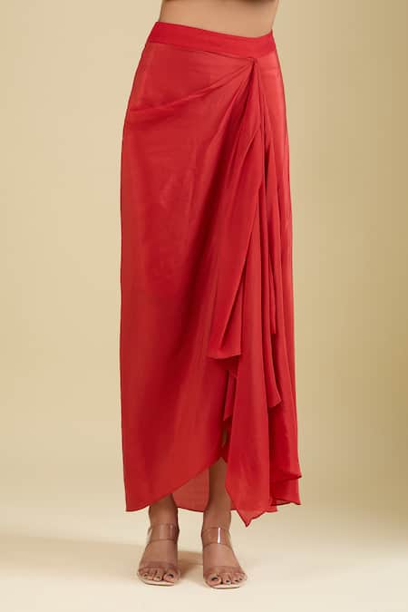 Shop_Prisho_Orange Embroidery Round Neck Yoke Kaftan With Skirt _Online_at_Aza_Fashions