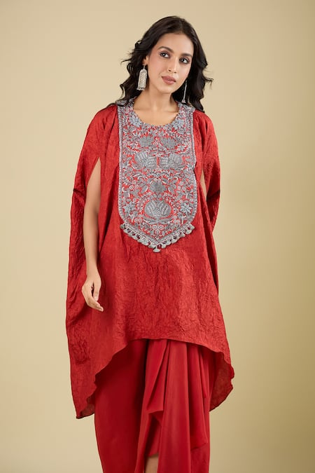 Prisho_Orange Embroidery Round Neck Yoke Kaftan With Skirt _at_Aza_Fashions