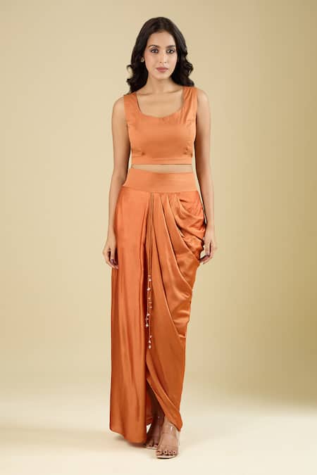 Prisho Orange Beads, Pearls High Neck, Placement Embroidered Cape Draped Skirt Set Online at Aza Fashions Prisho_Orange Beads, Pearls High Neck, Placement Embroidered Cape Draped Skirt Set _Online_at_Aza_Fashions