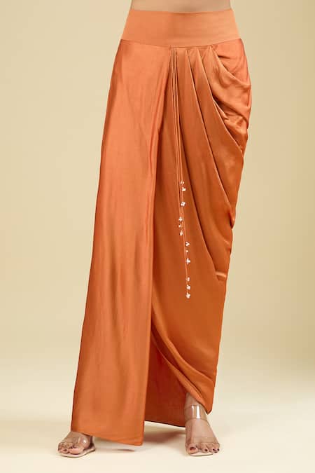 Buy Prisho Orange Beads, Pearls High Neck, Placement Embroidered Cape Draped Skirt Set Online at Aza Fashions Buy_Prisho_Orange Beads, Pearls High Neck, Placement Embroidered Cape Draped Skirt Set _Online_at_Aza_Fashions