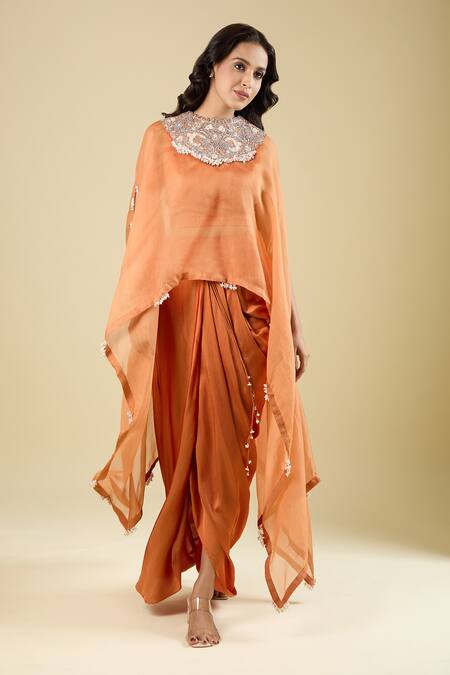 Shop Prisho Orange Beads, Pearls High Neck, Placement Embroidered Cape Draped Skirt Set Online at Aza Fashions Shop_Prisho_Orange Beads, Pearls High Neck, Placement Embroidered Cape Draped Skirt Set _Online_at_Aza_Fashions
