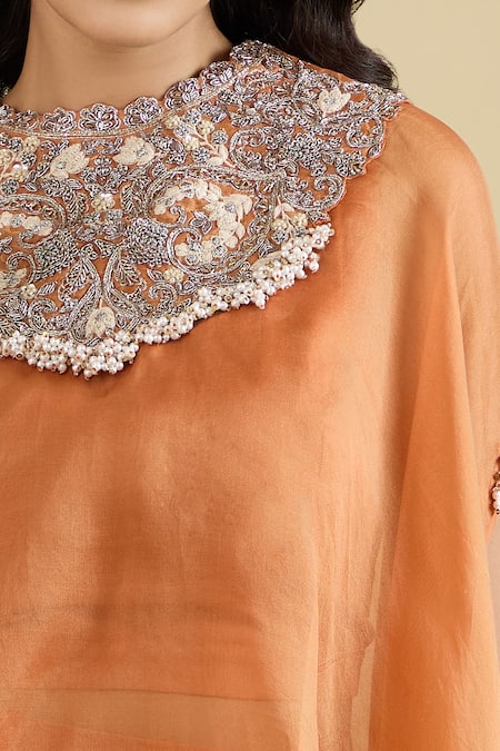 Prisho Orange Beads, Pearls High Neck, Placement Embroidered Cape Draped Skirt Set at Aza Fashions Prisho_Orange Beads, Pearls High Neck, Placement Embroidered Cape Draped Skirt Set _at_Aza_Fashions