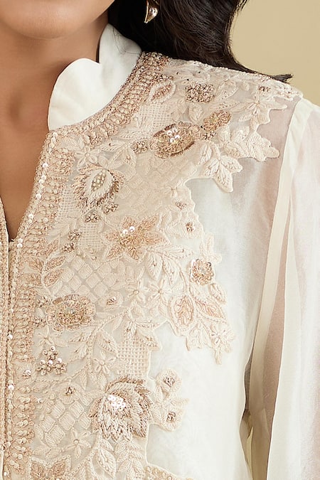 Buy_Prisho_Ivory Tassels, Embroidery Mandarin Collar Jacket Pant Set _Online_at_Aza_Fashions