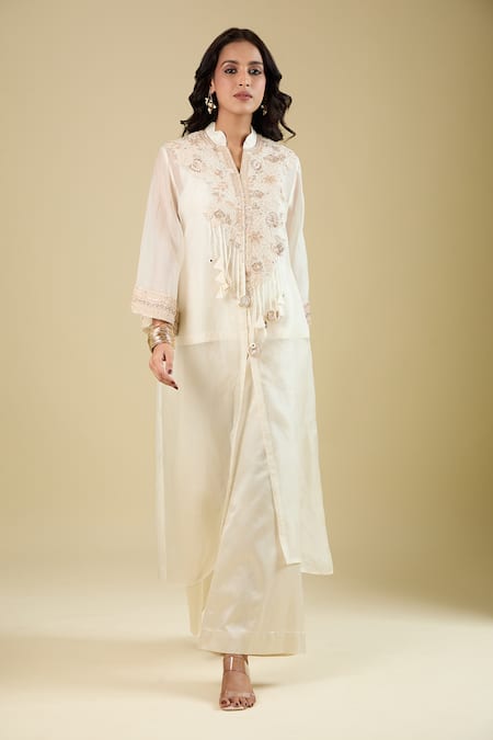 Prisho_Ivory Tassels, Embroidery Mandarin Collar Jacket Pant Set _at_Aza_Fashions