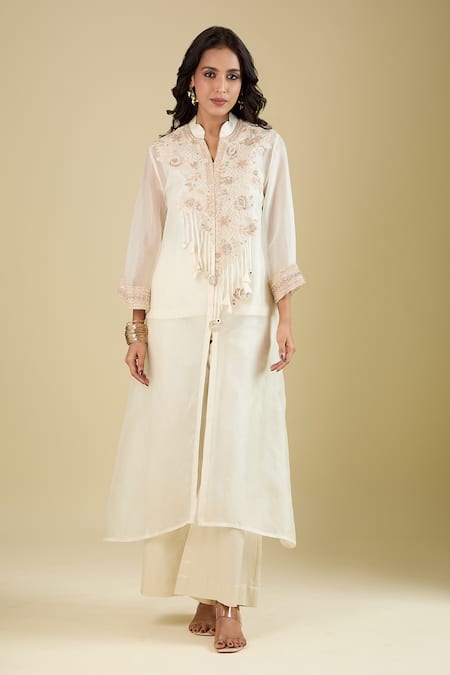 Buy_Prisho_Ivory Tassels, Embroidery Mandarin Collar Jacket Pant Set 