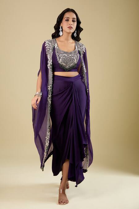 Buy_Prisho_Purple Embroidery Open , Round Dori Cape Skirt Set _Online_at_Aza_Fashions