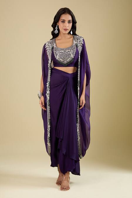 Shop_Prisho_Purple Embroidery Open , Round Dori Cape Skirt Set _Online_at_Aza_Fashions