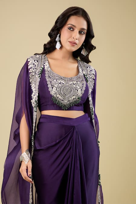 Prisho_Purple Embroidery Open , Round Dori Cape Skirt Set _at_Aza_Fashions