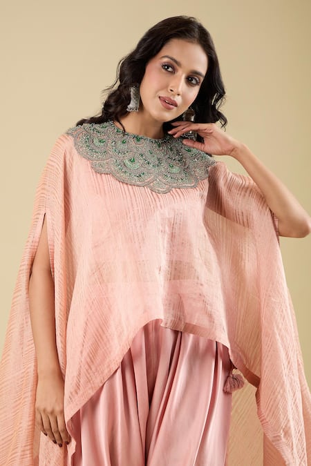 Buy Prisho Peach Embroidery Round Neck Scallop Kaftan Pant Set Online at Aza Fashions Buy_Prisho_Peach Embroidery Round Neck Scallop Kaftan Pant Set _Online_at_Aza_Fashions
