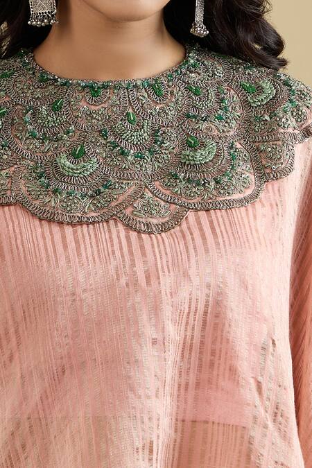 Prisho Peach Embroidery Round Neck Scallop Kaftan Pant Set at Aza Fashions Prisho_Peach Embroidery Round Neck Scallop Kaftan Pant Set _at_Aza_Fashions