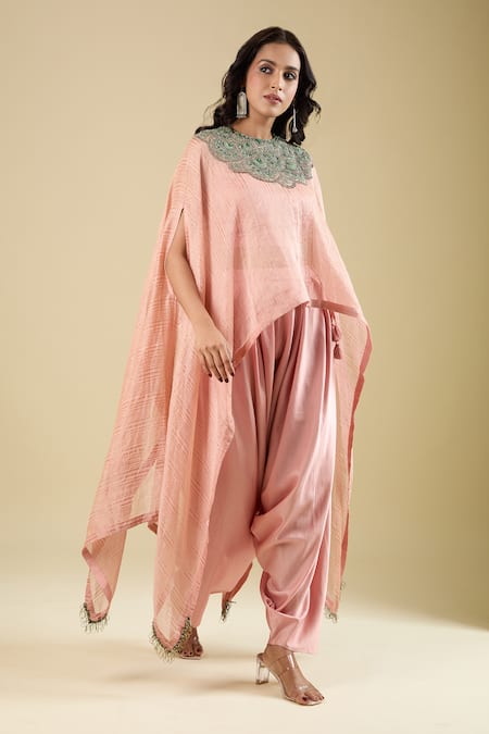 Buy Prisho Peach Embroidery Round Neck Scallop Kaftan Pant Set Buy_Prisho_Peach Embroidery Round Neck Scallop Kaftan Pant Set