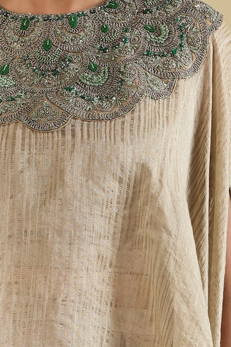 Prisho_Gold Embroidery Round Neck Dori Kaftan Pant Set _Online_at_Aza_Fashions