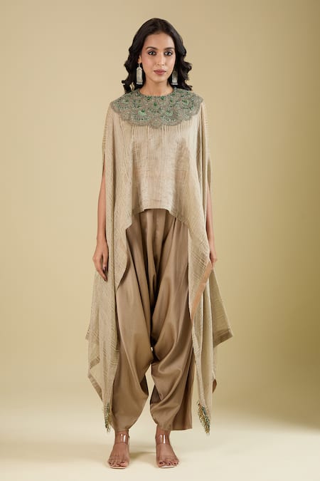 Shop_Prisho_Gold Embroidery Round Neck Dori Kaftan Pant Set _Online_at_Aza_Fashions