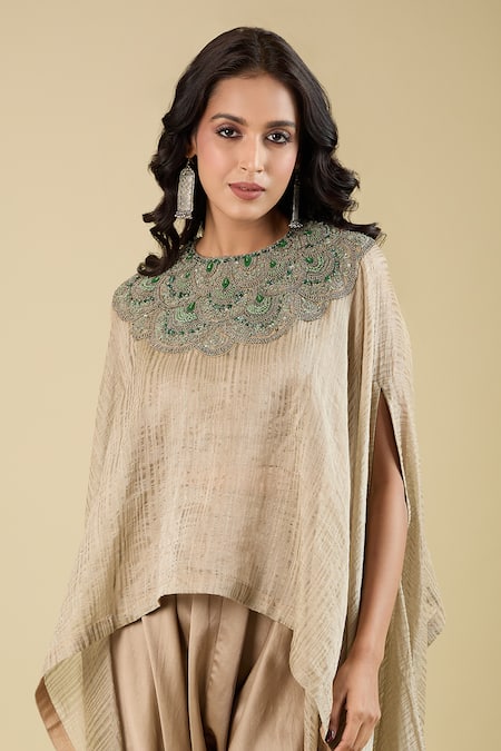 Prisho_Gold Embroidery Round Neck Dori Kaftan Pant Set _at_Aza_Fashions