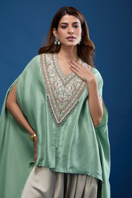 Prisho_Green Embroidery V-neck Resham Kaftan With Pant _Online_at_Aza_Fashions
