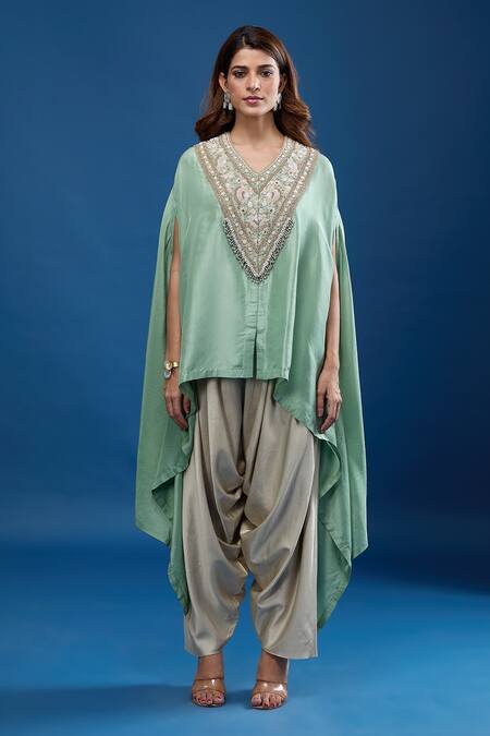 Shop_Prisho_Green Embroidery V-neck Resham Kaftan With Pant _Online_at_Aza_Fashions