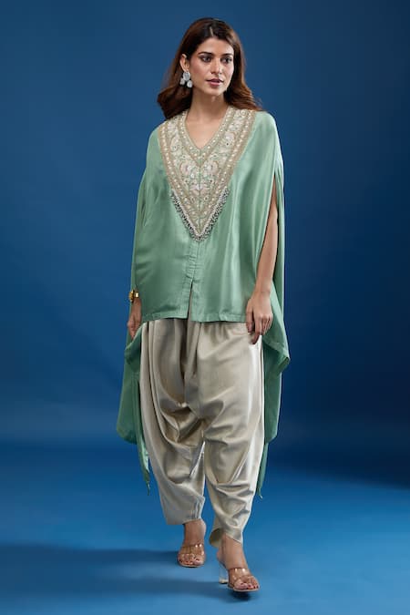 Prisho_Green Embroidery V-neck Resham Kaftan With Pant _at_Aza_Fashions