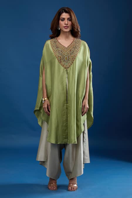 Shop_Prisho_Green Embroidery V-neck Thread Kaftan And Pant Set _Online_at_Aza_Fashions