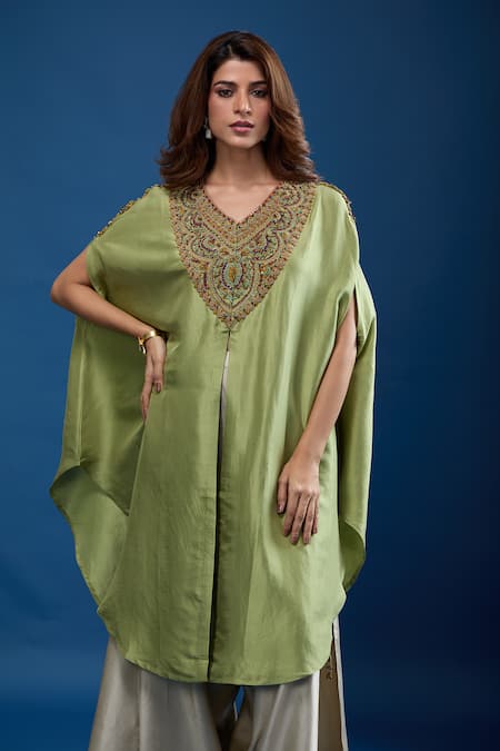 Prisho_Green Embroidery V-neck Thread Kaftan And Pant Set _at_Aza_Fashions
