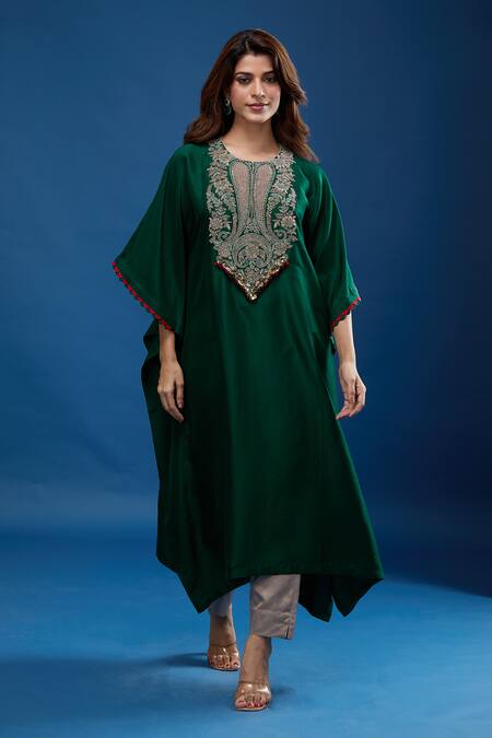 Prisho Green Beads Round Neck Dori Embroidered Kaftan And Pant Set Online at Aza Fashions Prisho_Green Beads Round Neck Dori Embroidered Kaftan And Pant Set _Online_at_Aza_Fashions