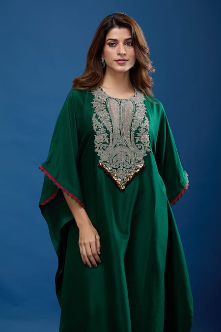 Buy Prisho Green Beads Round Neck Dori Embroidered Kaftan And Pant Set Online at Aza Fashions Buy_Prisho_Green Beads Round Neck Dori Embroidered Kaftan And Pant Set _Online_at_Aza_Fashions