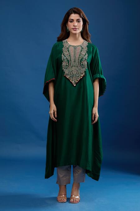 Prisho Green Beads Round Neck Dori Embroidered Kaftan And Pant Set at Aza Fashions Prisho_Green Beads Round Neck Dori Embroidered Kaftan And Pant Set _at_Aza_Fashions