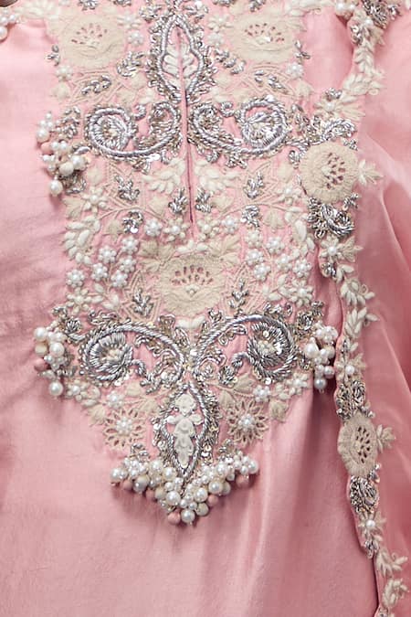 Buy_Prisho_Pink Embroidery, Beads, Sequins Round Neck Resham Kurta Set _Online_at_Aza_Fashions