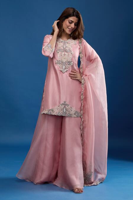 Prisho_Pink Embroidery, Beads, Sequins Round Neck Resham Kurta Set _at_Aza_Fashions