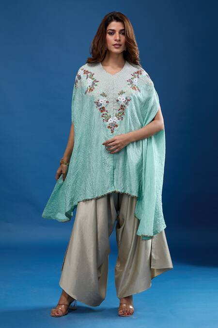 Shop_Prisho_Blue Embroidery V-neck Thread Work Kaftan And Pant Set _Online_at_Aza_Fashions