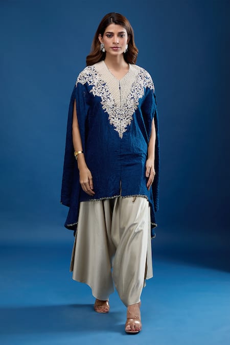 Prisho_Blue Embroidery Round Neck Resham Work Kaftan With Pant _Online_at_Aza_Fashions