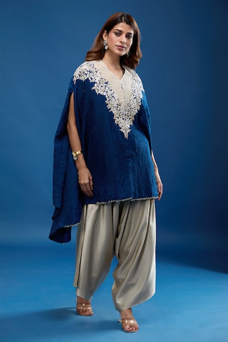 Shop_Prisho_Blue Embroidery Round Neck Resham Work Kaftan With Pant _Online_at_Aza_Fashions
