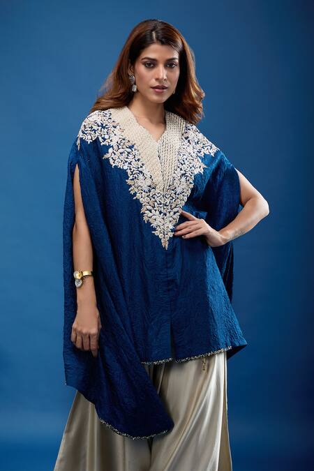 Prisho_Blue Embroidery Round Neck Resham Work Kaftan With Pant _at_Aza_Fashions