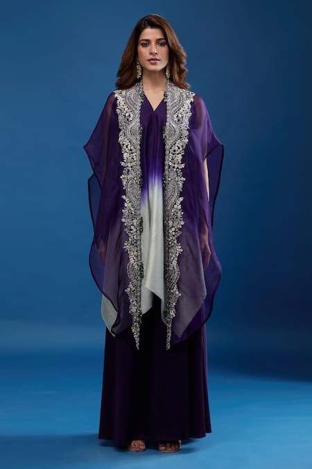 Buy_Prisho_Purple Embroidery V-neck Cape Skirt Set _Online_at_Aza_Fashions