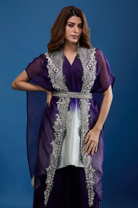 Prisho_Purple Embroidery V-neck Cape Skirt Set _at_Aza_Fashions