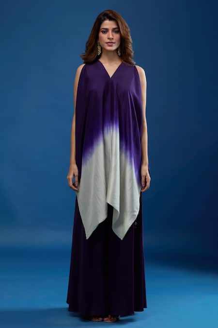 Buy_Prisho_Purple Embroidery V-neck Cape Skirt Set 