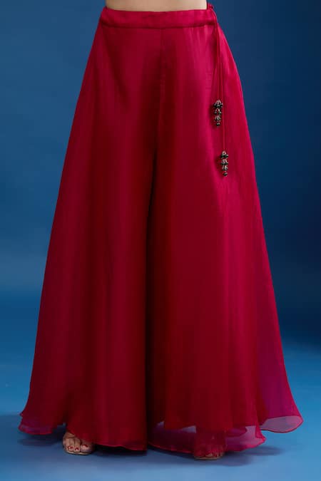 Prisho_Red Embroidery, Tassels V-neck Peplum Top And Sharara Set _Online_at_Aza_Fashions